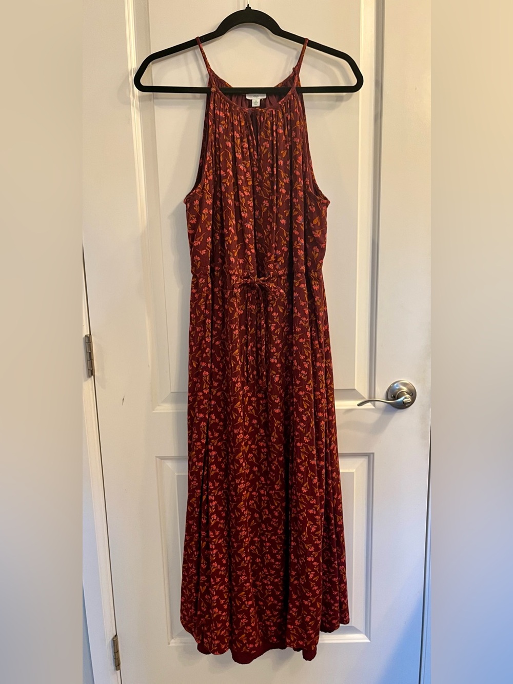 dip Burgundy Floral Maxi Dress with Rust and Pink Accents